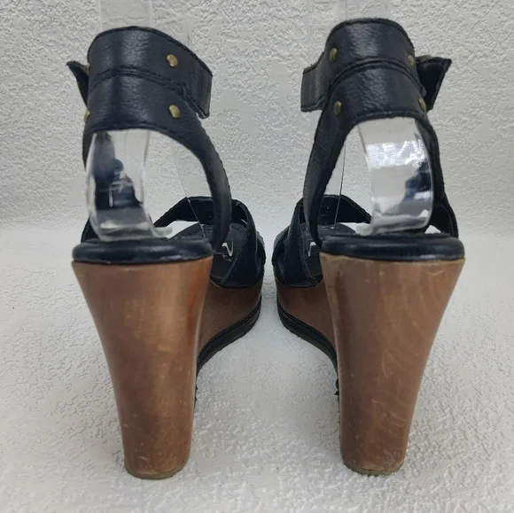 Steve Madden Wood Platform Wedge Heels Leather Ankle Strap Open Toe Sz 7 #224 - Picture 7 of 13